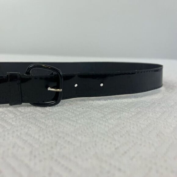 Vintage Faux Patent Leather Black Shiny Slim Waist Belt 80s Retro Whimsigoth - Picture 5 of 15
